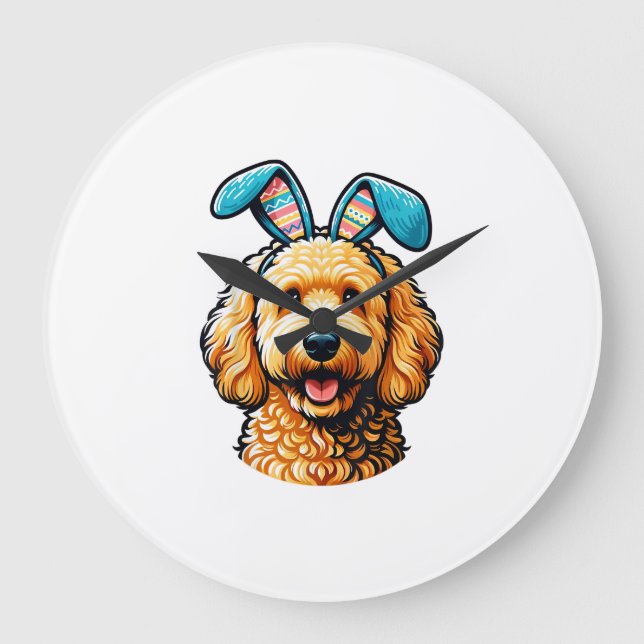 Relógio Grande Cachorro Goldendoodle de Páscoa Vestindo Orelhas d (Frente)