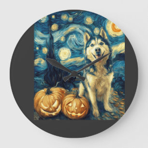 Relógio Grande Cachorro Husky Siberiano Fofo Abóbora de Halloween