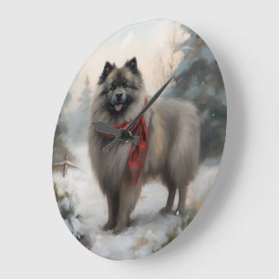 Relógio Grande Cachorro Keeshond no Natal da Neve