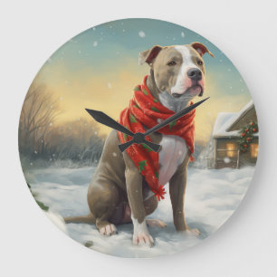 Relógio Grande Cachorro Pitbulento no Natal da Neve