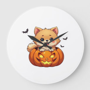 Relógio Grande Cachorro Pomerânia Feliz Halloween abóbora Camiset
