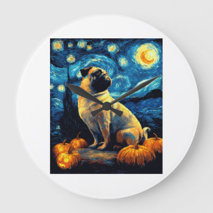 Relógio Grande Cachorro Pug de van gogh noite estrelada halloween
