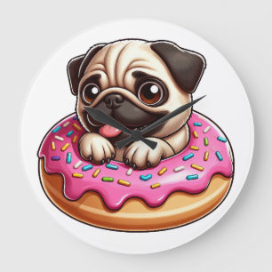 Relógio Grande Cachorro pug fofo com donut desenho de amante de c
