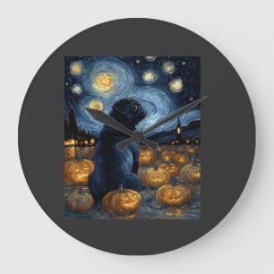 Relógio Grande Cachorro Pug preto da noite estrelada de van gogh