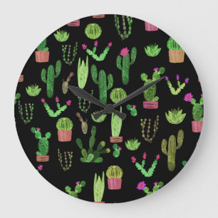 Relógio Grande Cactus de Aquarela Planta Sem Costura Fundo