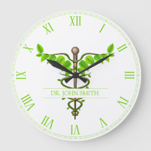 Relógio Grande Caduceu Médico Alternativo Folhas Verdes Brancas