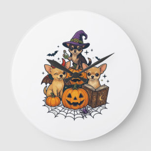 Relógio Grande Cães Chihuahua de Halloween Abóboras Chapéu de Bru