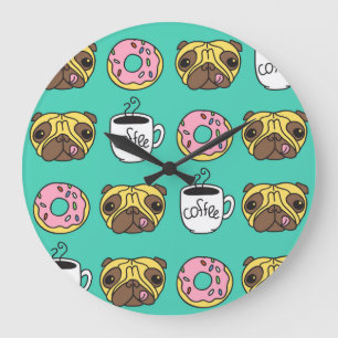 Relógio Grande Cães engraçados, rosquinhas, padrão de café.