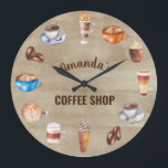 Relógio Grande Café Lover Watercolor Compro Comercial Café<br><div class="desc">Este design pode ser personalizado escolhendo a opção Editar Design. Você também pode transferir para outros itens. Entre em contato comigo em colorflowcreations@gmail.com ou use a opção de bate-papo na parte superior da página se você quiser ter este design em outro produto ou precisar de assistência. Veja mais designs meus...</div>