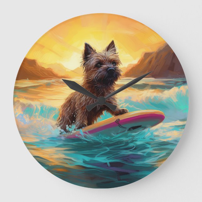 Relógio Grande Cairn Terrier Beach Surfing Painting (Frente)