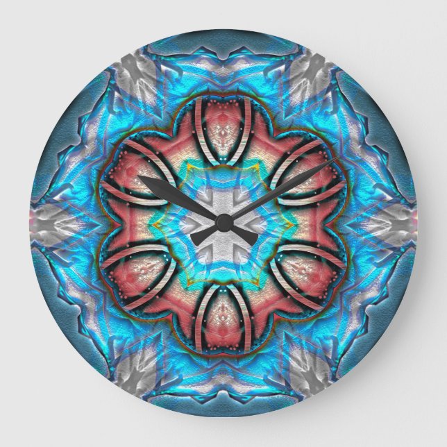 Relógio Grande Caleidoscópio ciano e prateado com tinta áspera. (Frente)