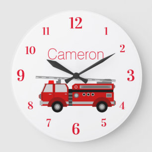Relógio Grande Caminhão de Bombeiros Vermelho com o Seu Nome Pers
