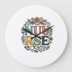 Relógio Grande Camisa de Enfermeira Floral Design Arte Médica Vin