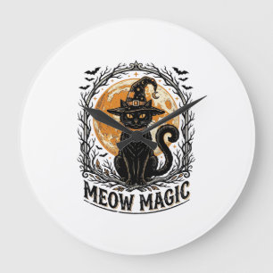 Relógio Grande Camisa de Gato de Bruxa Design de Lua de Halloween