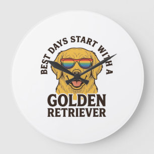 Relógio Grande Camisa de Golden Retriever com Óculos de Sol Retrô
