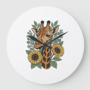 Relógio Grande Camisa Floral de Girassol com Girafa Gravada Vinta