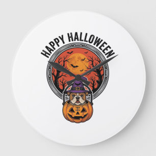 Relógio Grande Camisa Vintage de Halloween Feliz Bulldog Bruxa Ab