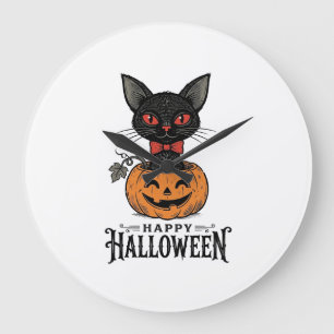 Relógio Grande Camisa Vintage Halloween Gato Preto Abóbora Design