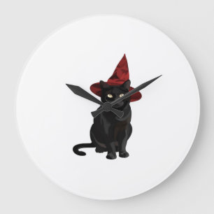 Relógio Grande Camiseta Clássica Gato Preto Místico com Chapéu Ve