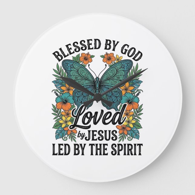 Relógio Grande Camiseta Cristã Blessed Butterfly Design (2) (Frente)