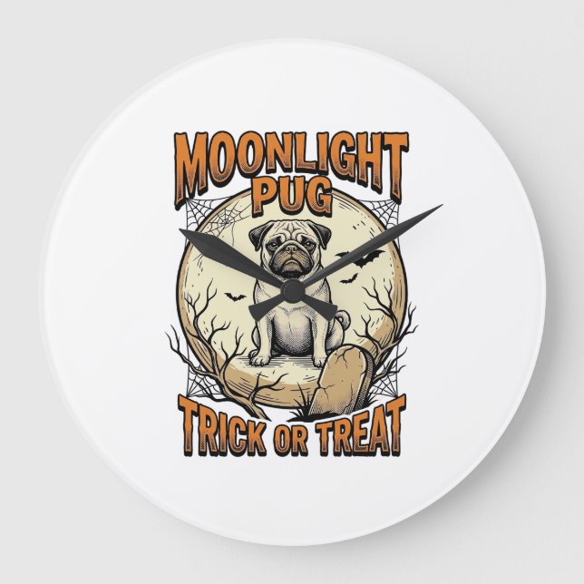 Relógio Grande Camiseta de Halloween de Pug com Lua de Gravura Vi (Frente)