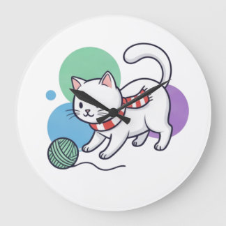 Relógio Grande Camiseta Gato Branco Divertido com Linha