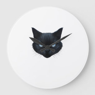 Relógio Grande Camiseta Gráfica Rosto de Gato Preto Olhos Azuis G