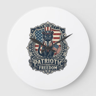 Relógio Grande Camiseta Gráfica Vetorial de Gato Preto Patriota (