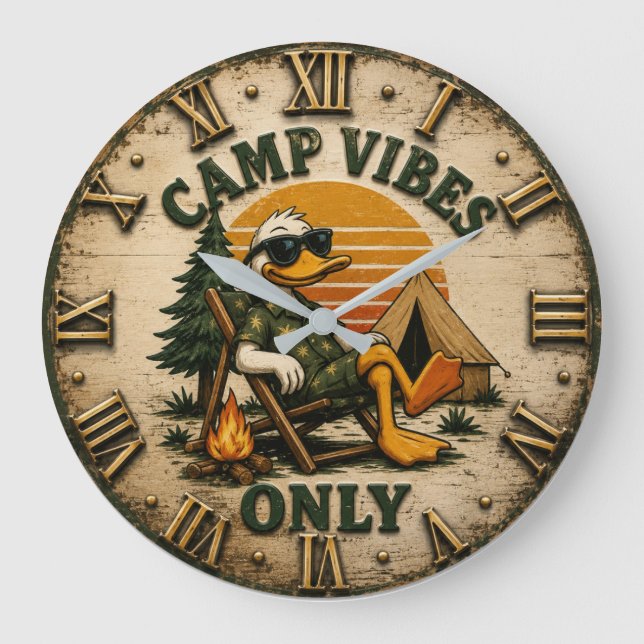 Relógio Grande Camp Vibes Only Funny Camping Duck Rustic Outdoor  (Frente)