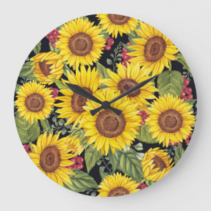 Relógio Grande Campo de girassóis: fundo preto de aquarela