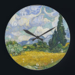 Relógio Grande Campo de trigo Van Gogh com ciprestes<br><div class="desc">Belo trabalho de arte de 1889 do famoso pintor Vincent Van Gogh,  um dos meus artistas favoritos do período impressionista,  em um relógio clássico de parede. Esta arte paisagista impressionista apresenta ciprestes verdes altos e colocados contra bonito nuvens girando sobre um campo de trigo.</div>