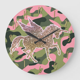 Relógio Grande Camuflagem verde cor-de-rosa de Camo & unicórnio