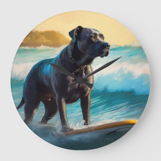 Relógio Grande Cane Corso Beach Surfing Painting (Frente)