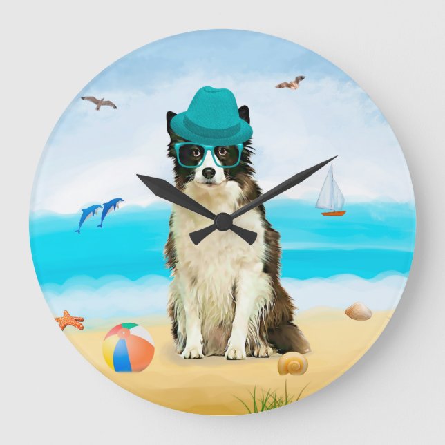 Relógio Grande Cão Border Collie na Praia (Frente)