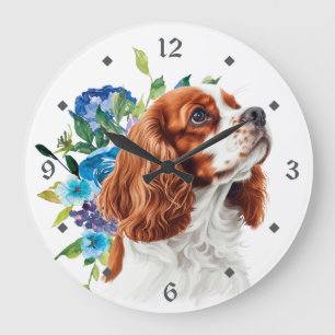 Relógio Grande Cão Cavalier King Charles Spaniel Floral Azul Verm