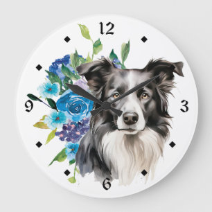 Relógio Grande Cão Collie da Borda do Buquê Floral Azul