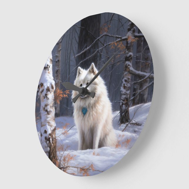 Relógio Grande Cão Esquimó Americano Natal Neve Caindo (Ângulo)