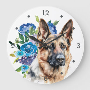 Relógio Grande Cão German shepherd Floral Azul