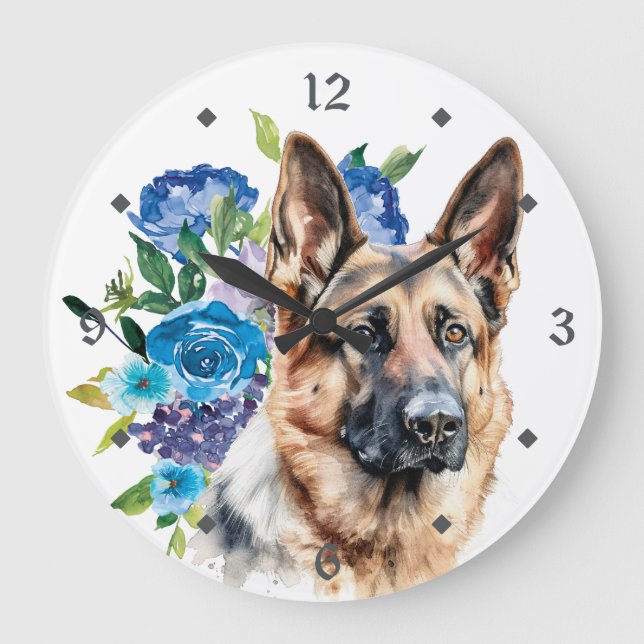 Relógio Grande Cão German shepherd Floral Azul (Frente)