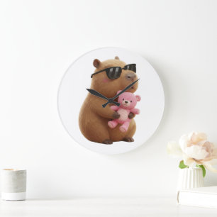 Relógio Grande Capivara Legal e Relax com Urso de Pelúcia Rosa