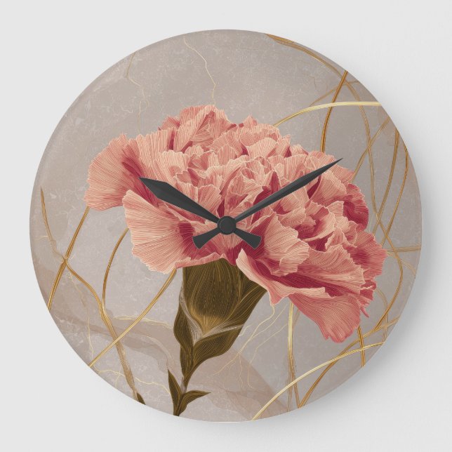 Relógio Grande Carnation Floral Rosa Dourado (Frente)
