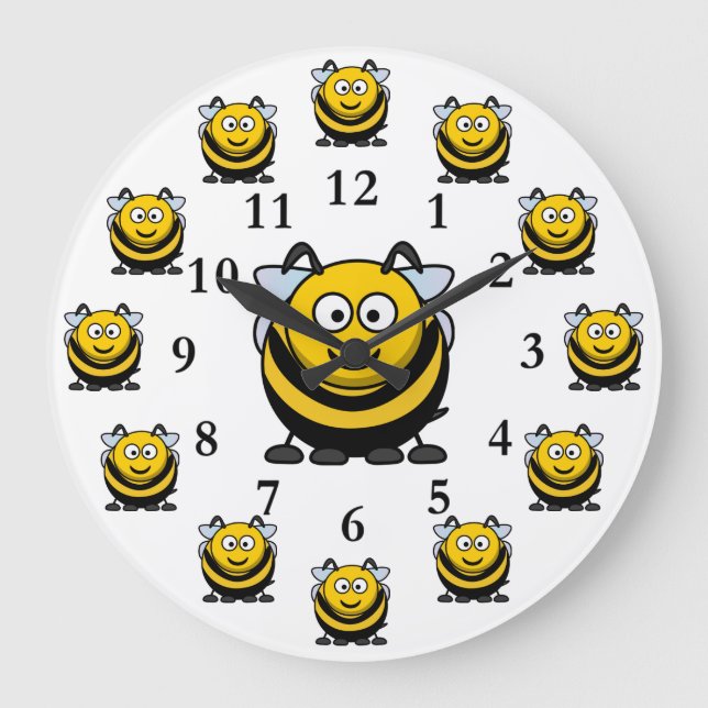 Relógio Grande Cartoon Bumblebee and Bee Numbers (Frente)