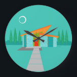 Relógio Grande Cartoon Casa Arredondada Acrílico<br><div class="desc">Este Cartoon da Era Espacial House Round Acrylic Wall Clock é o sonho de um amante retrô. A design de arte minimalista apresenta uma casa de pedra aquática com janelas azuis grandes e pavões. Passando do atômico, entorpecendo, telhado laranja, uma luminária amarela acende a porta da frente. A porta vermelha...</div>