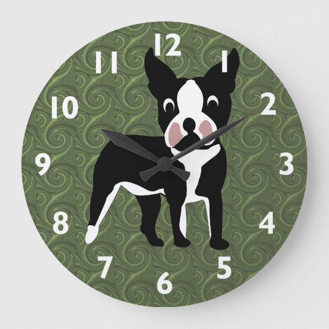 Relógio Grande Cartoon de Boston Terrier (Frente)