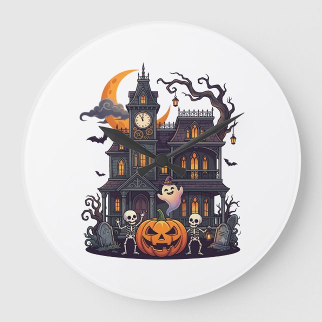 Relógio Grande Casa Assombrada de Halloween Esqueletos Abóbora Fa (Frente)