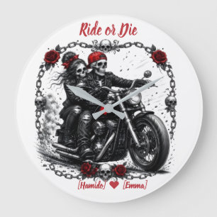 Relógio Grande Casal de Esqueletos Personalizados 'Ride or Die'