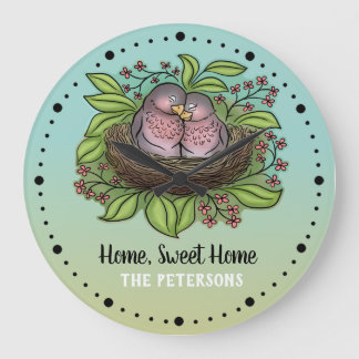 Relógio Grande Casal Lovebird no Nest Home Sweet Home