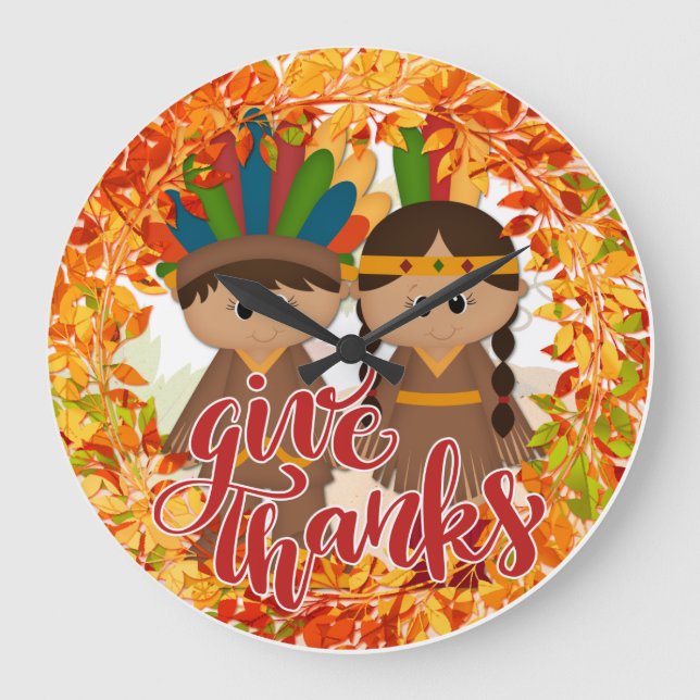 Relógio Grande Casal Nativo Americano - Dê Obrigados (Frente)
