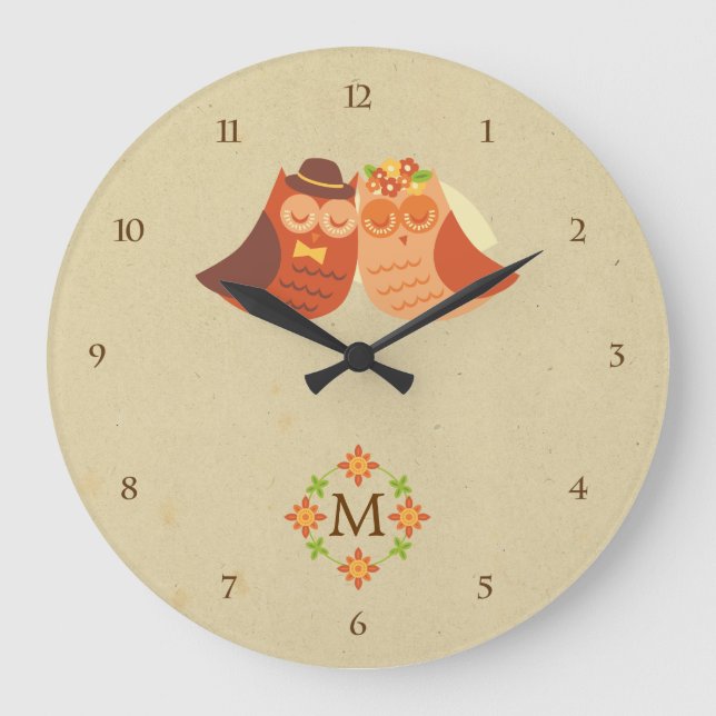 Relógio Grande Casal Rustic Boho Lovebird Owl (Frente)