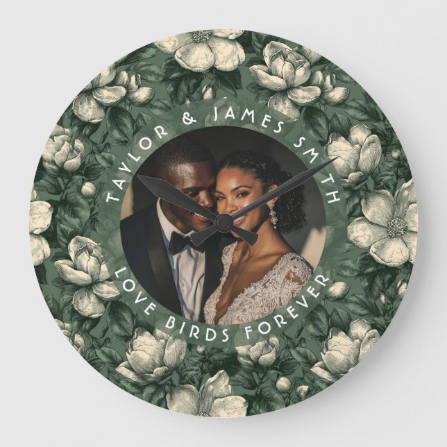Relógio Grande Casamento Minimalista Temático de Gardênias Verdes (Frente)